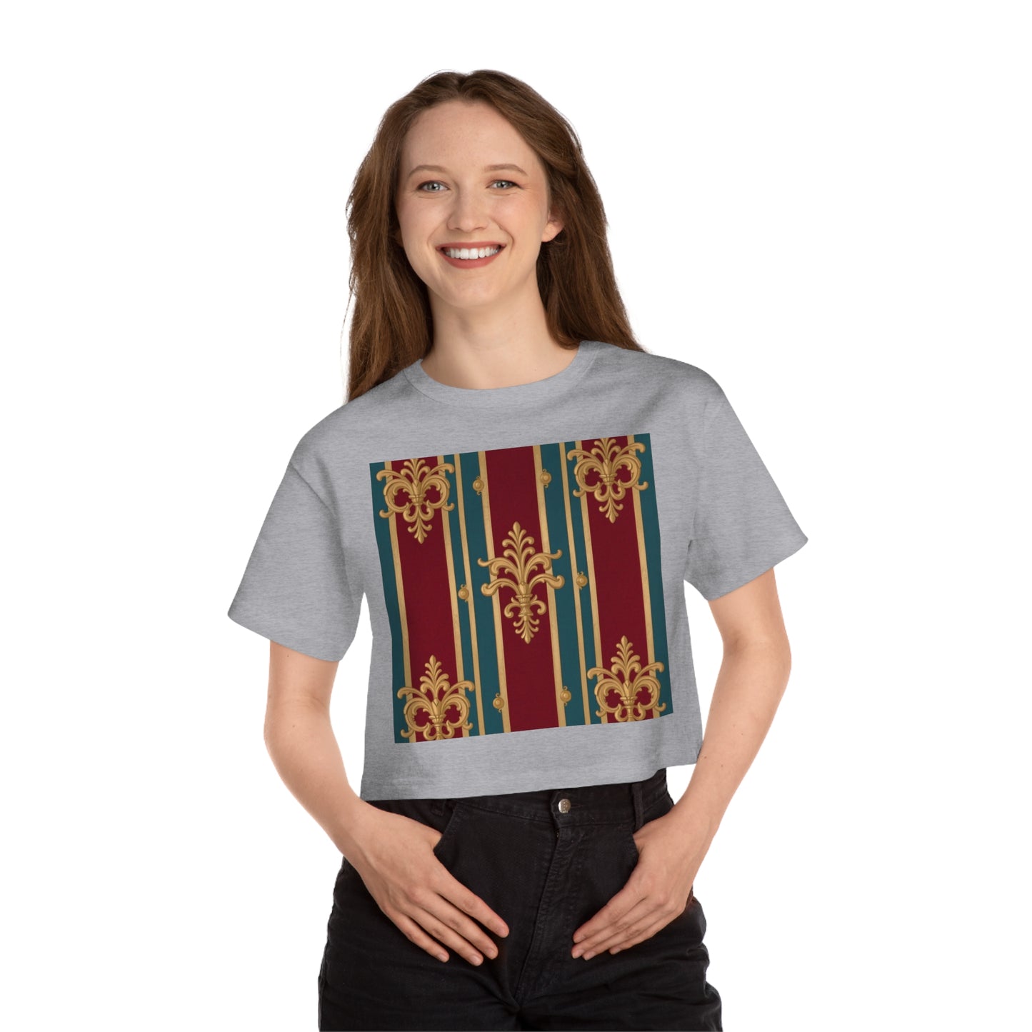 Cropped T-Shirt with Baroque Design | Trendy Women's Top | Perfect for Casual Wear, Festivals - Burgundy Striped Gold Baroque