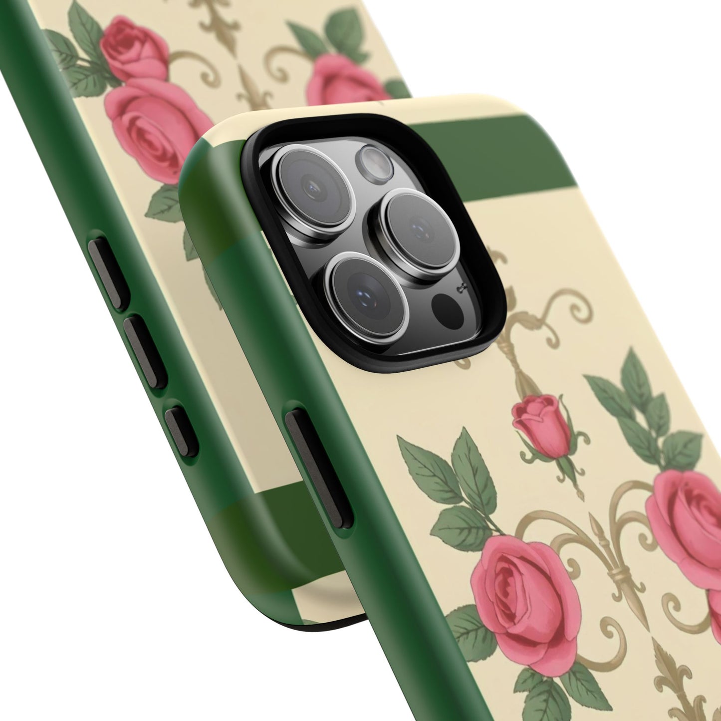 Elegant Floral Motif Phone Case - Tough Cases with Vintage Design - Green Border Roses & Damask