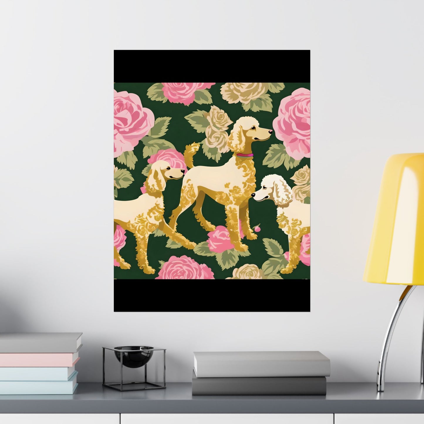 Vertical Poster - Elegant Matte Floral Art Wall Decor - Damask Poodles In Dark Green & Pink Roses