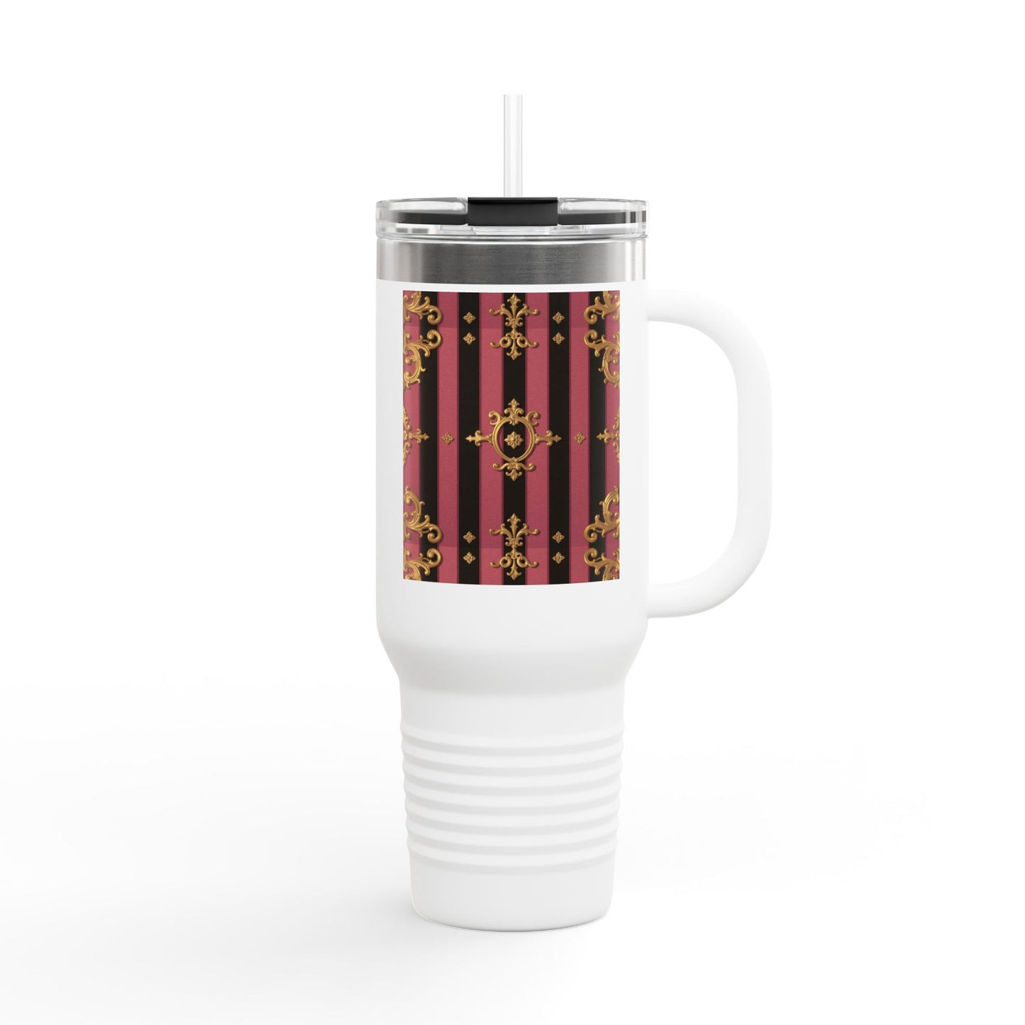 Elegant Black & Mauve Striped Gold Baroque Insulated Travel Mug, 40oz | Stylish Striped Travel Cup | Perfect for On-the-Go | Great Road Trips, and Work