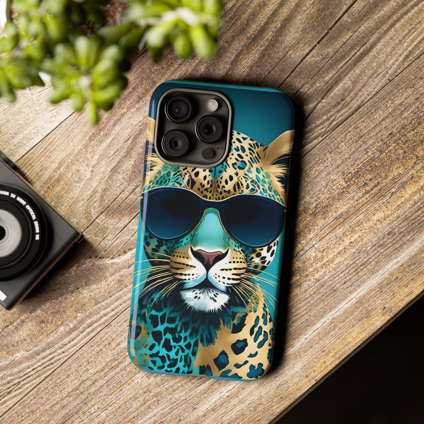 Phone Case - Aqua & Gold Leopard In Sunglasses Design