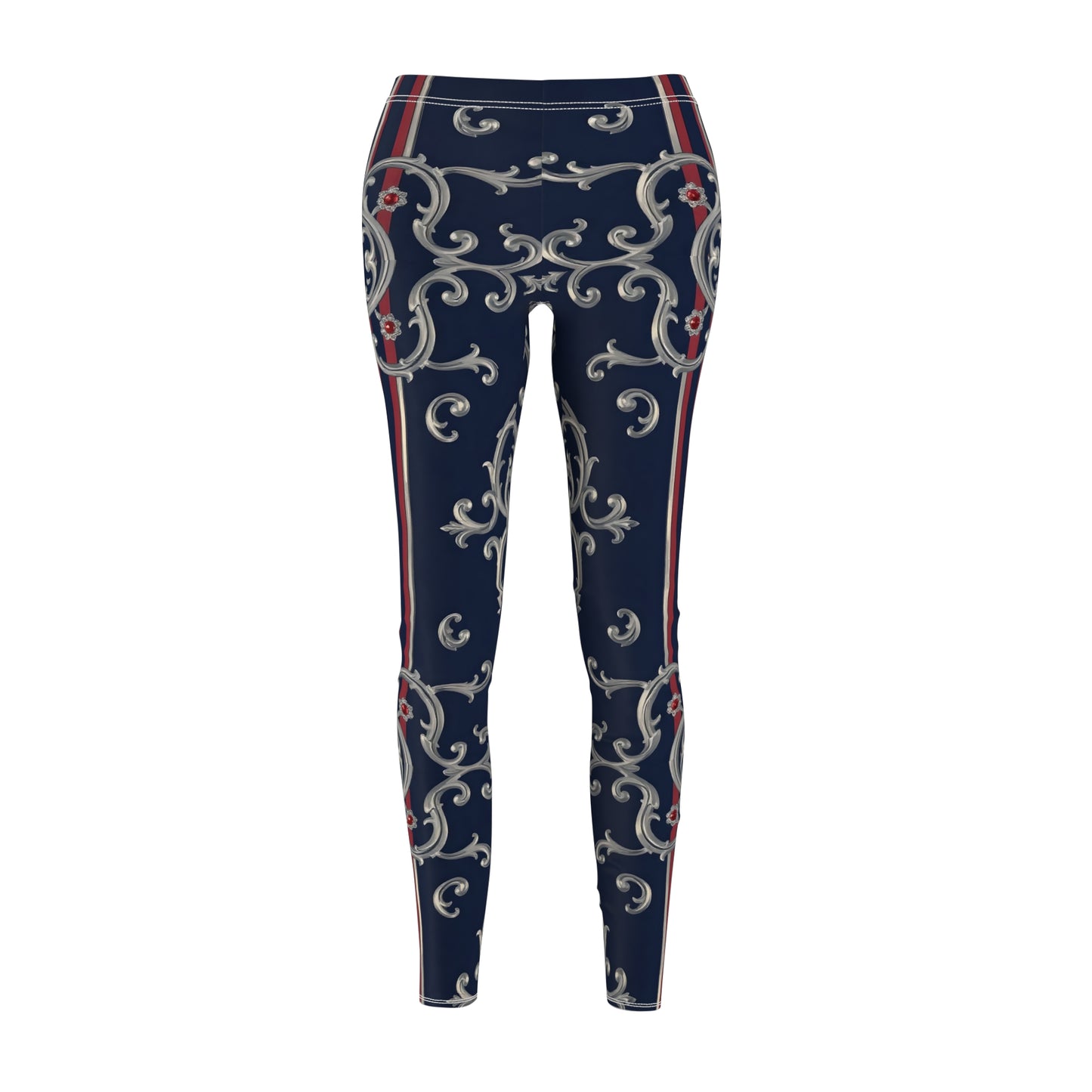 Stylish Women's AOP Leggings, Comfortable Casual Wear, Perfect for Yoga, Home, and Active Lifestyle - Blue & Red Striped Silver Baroque