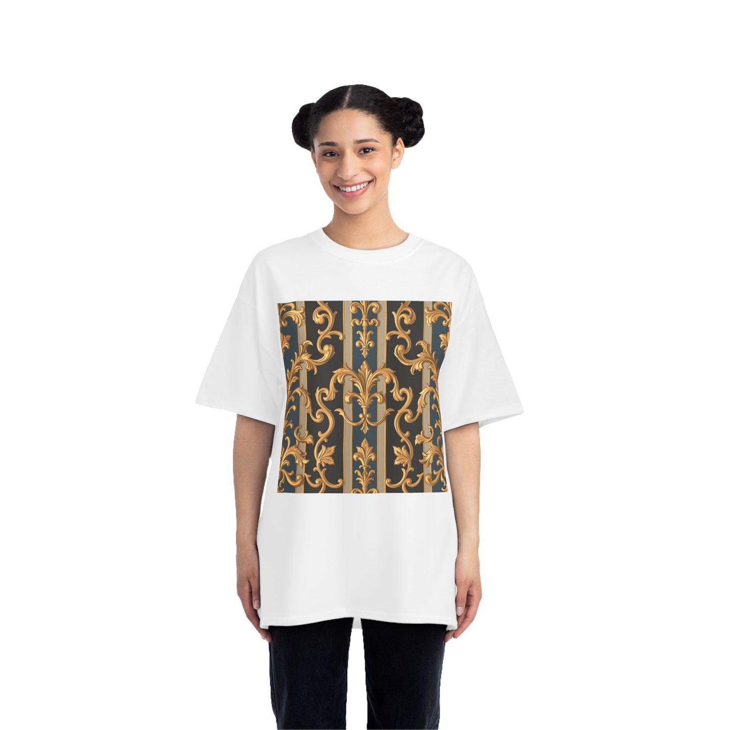 Ornate Gold Pattern Short-Sleeve T-Shirt, Stylish Casual Wear, Unique Graphic Tee - Blue & Black Striped Rococo