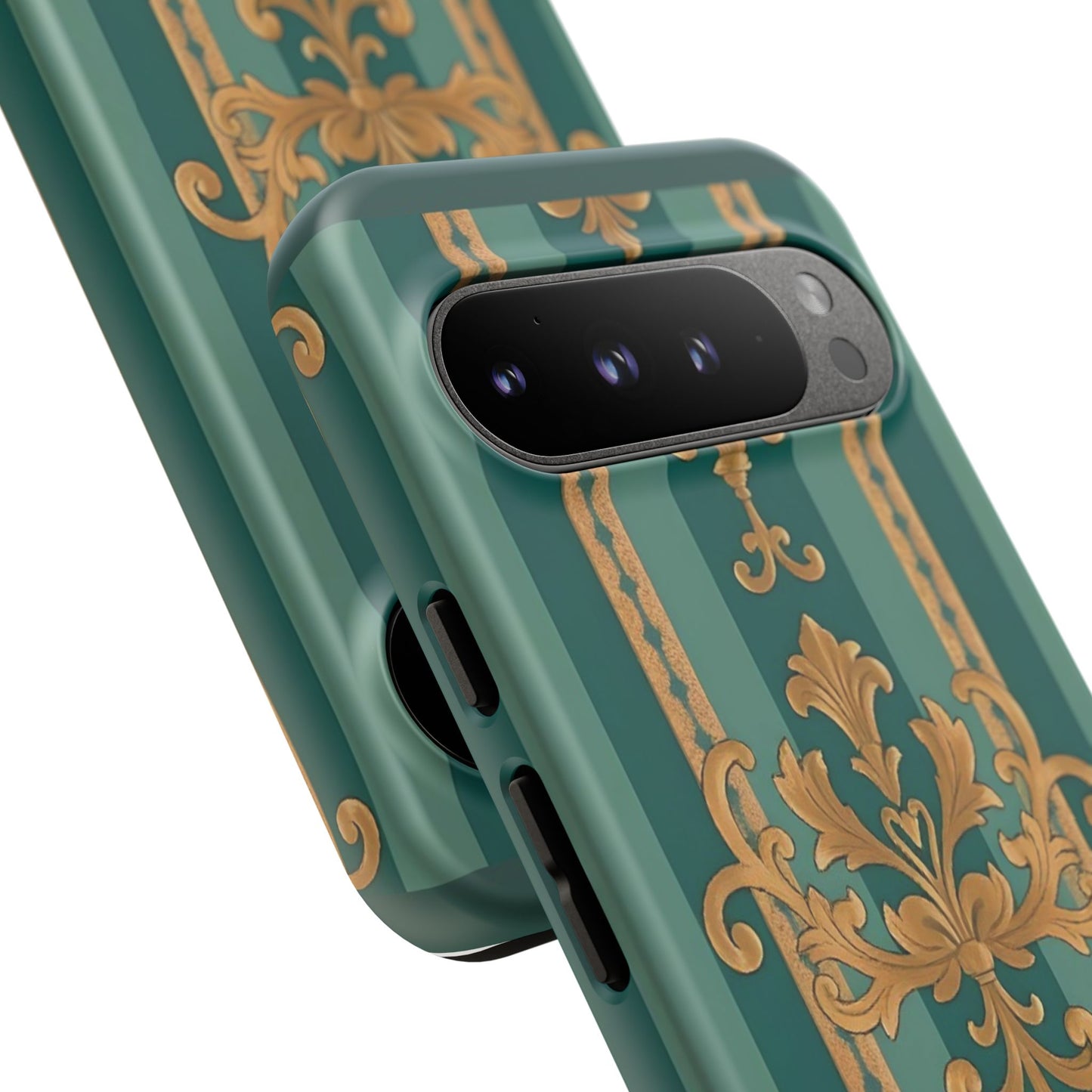 Elegant Floral Motif Phone Case - Tough Cases with Vintage Design - Teal Striped Gold Damask