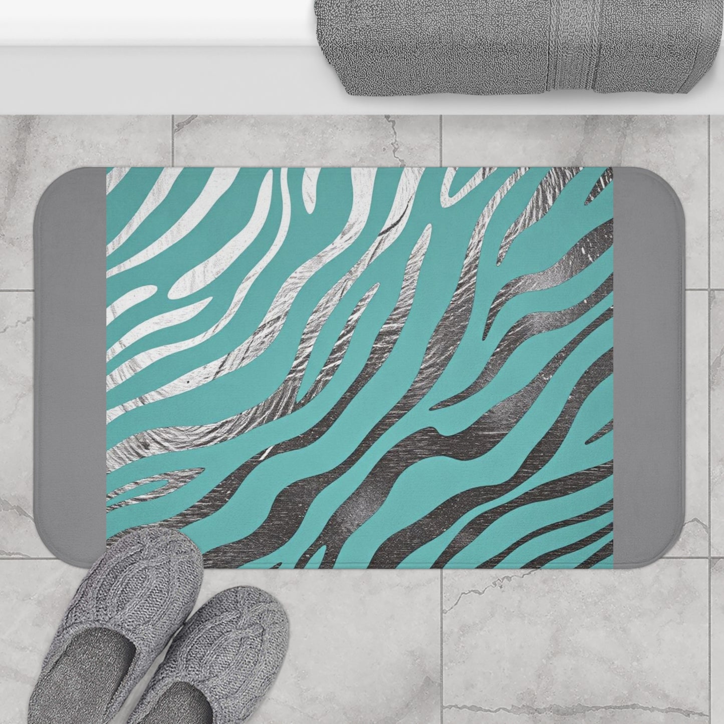 Zebra Print Bath Mat - Stylish Coastal Home Decor - Aqua & Silver
