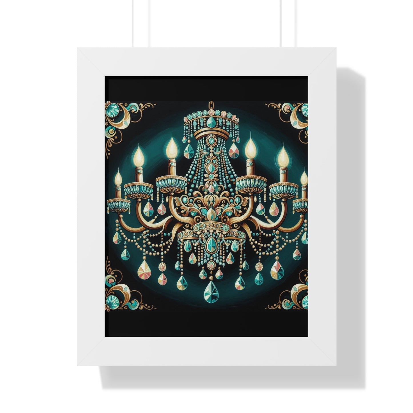 Elegant Chandelier Art Print, Framed Vertical Poster, Home Decor, Wall Art, Gift for Her, Luxury Interior Decoration - Teal Jeweled Chandelier