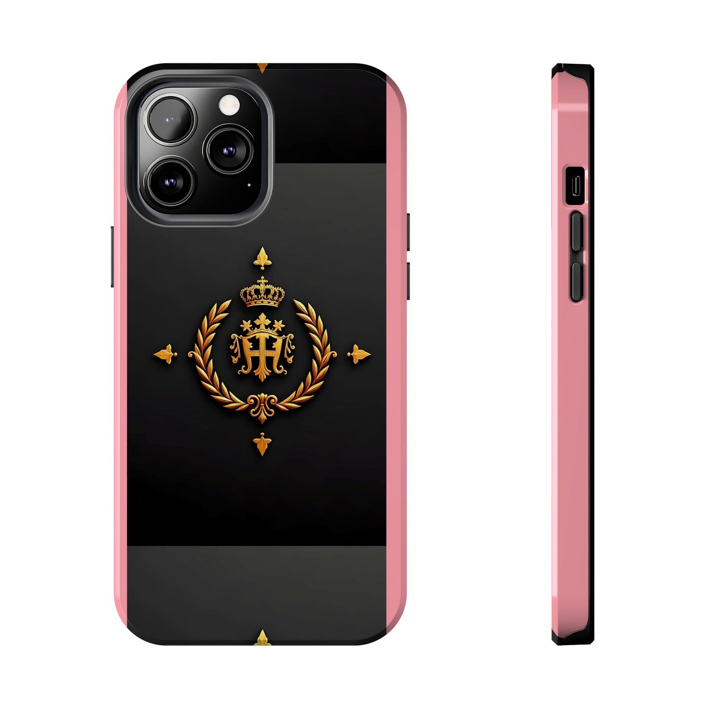 Tough Phone Case with Regal Design - Elegant Phone Protection, Gift for Him/Her, Royalty Inspired - Pink Striped Gold Crest