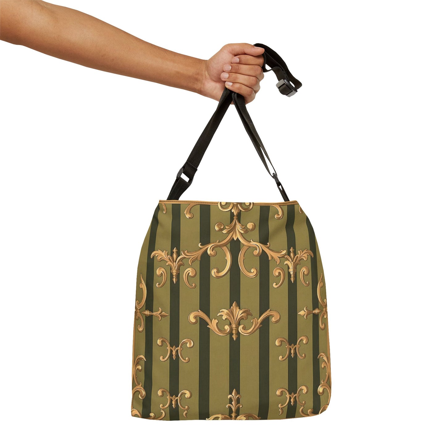 Chic Adjustable Tote Bag with Elegant Stripes, Perfect for Everyday Use, Shopping, Gifts - Olive Green Striped Rococo