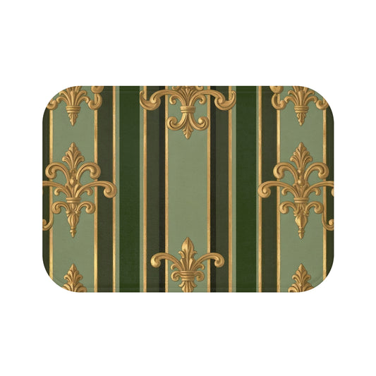 Elegant Vintage Bath Mat, Decorative Floor Mat, Boho Home Decor, Bathroom Accessory, Luxury Bath Accessories - Green Striped Gold Baroque