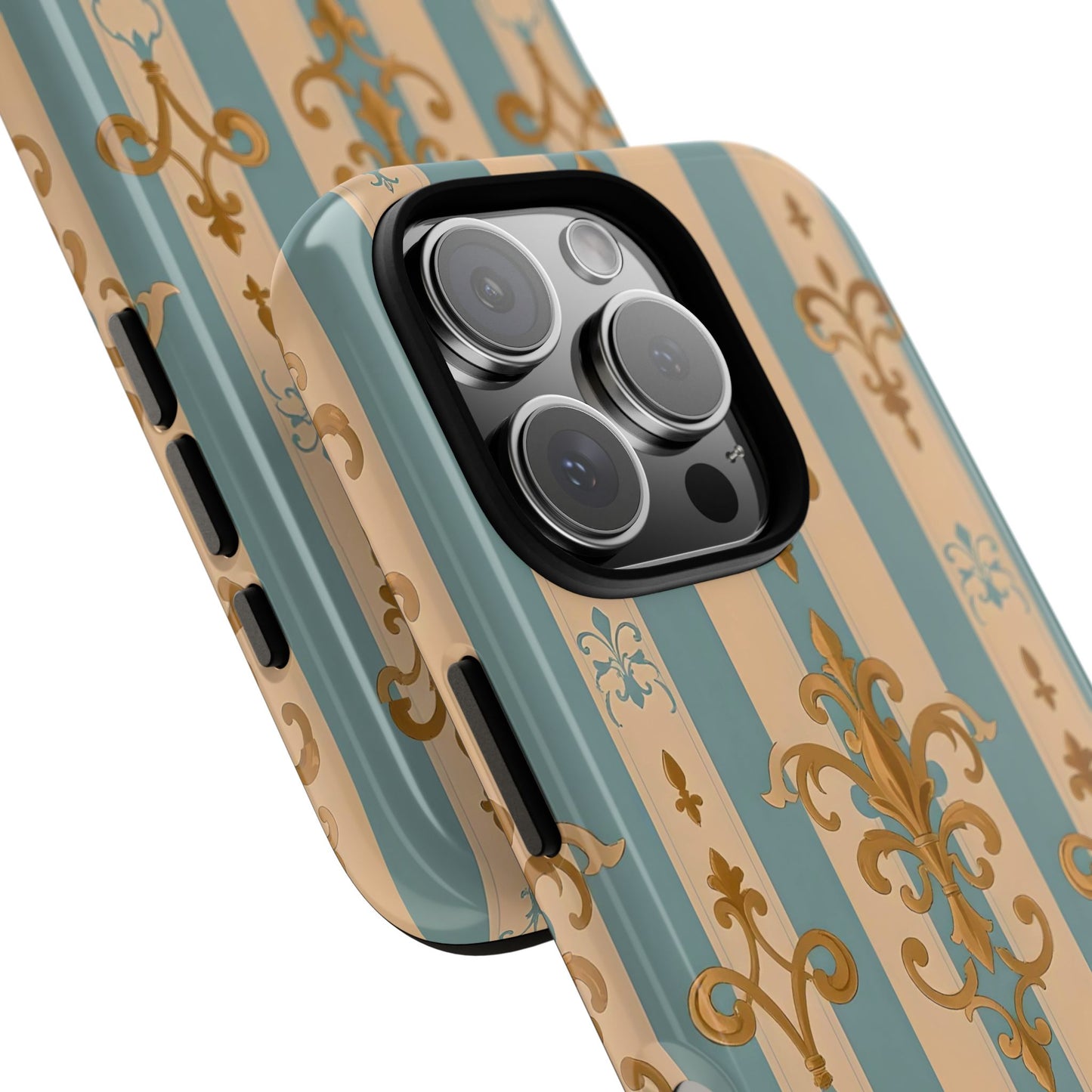Elegant Floral Motif Phone Case - Tough Cases with Vintage Design -  Beige & Sky Blue Striped Gold Damask
