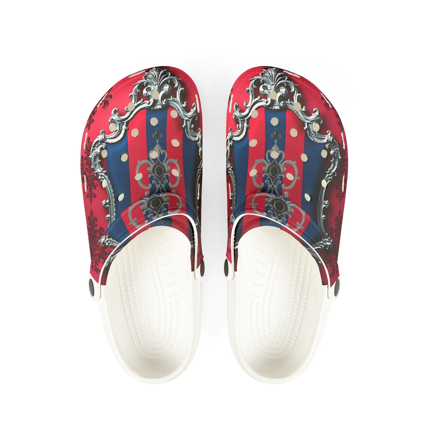 Stylish EVA Foam Rubber Clogs - Vibrant Floral Design, Comfortable Garden Footwear, Trendy Summer Shoes - Blue & Red Striped Silver Crest