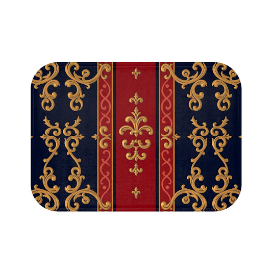 Luxurious Vintage Bath Mat, Elegant Floor Rug, Decorative Bathroom Mat, Shower Accent, Home Decor - Midnight Blue & Dusk Red Gold Baroque
