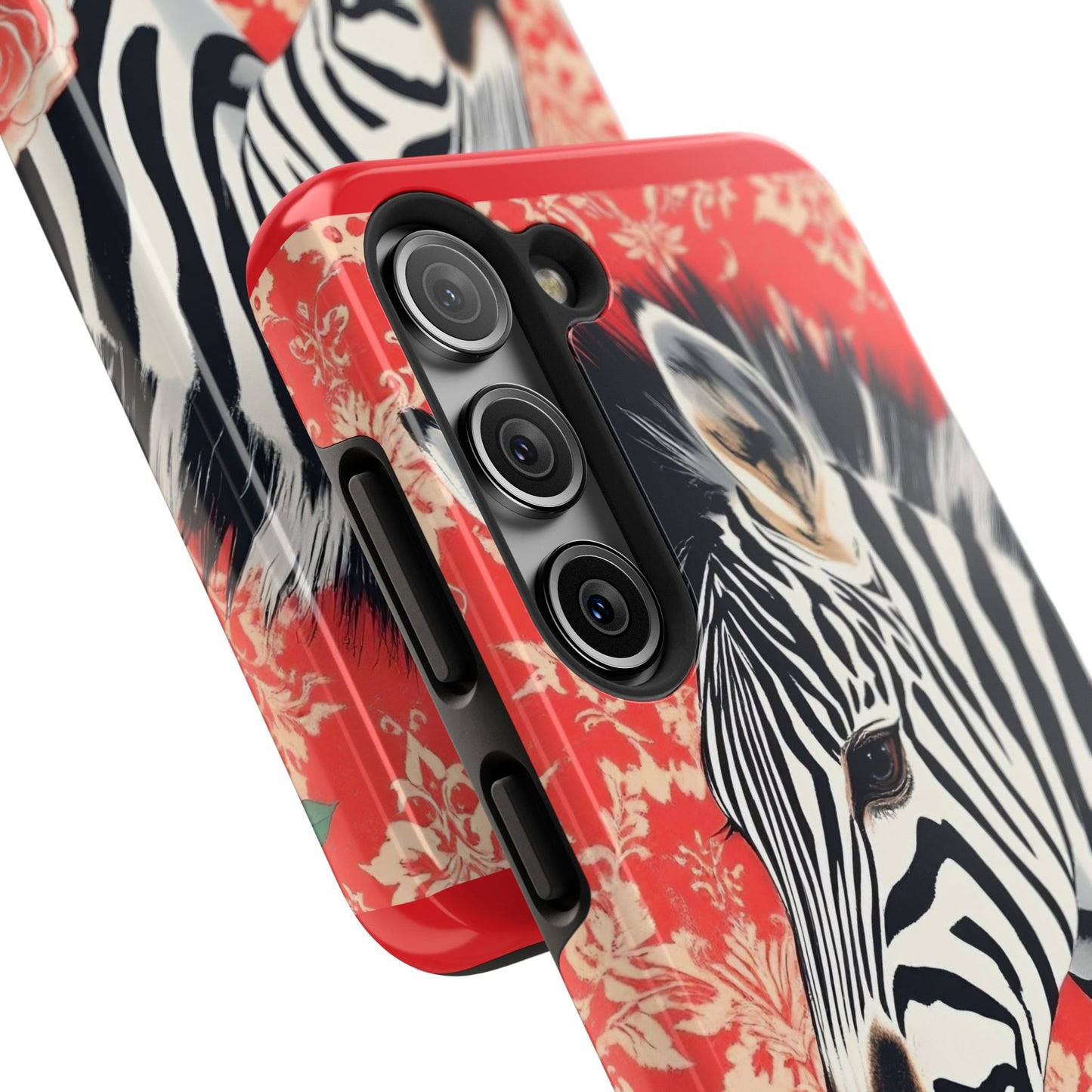 Zebra Tough Phone Case - Trendy Floral Design for Animal Lovers - Zebra With Coral Roses & Damask
