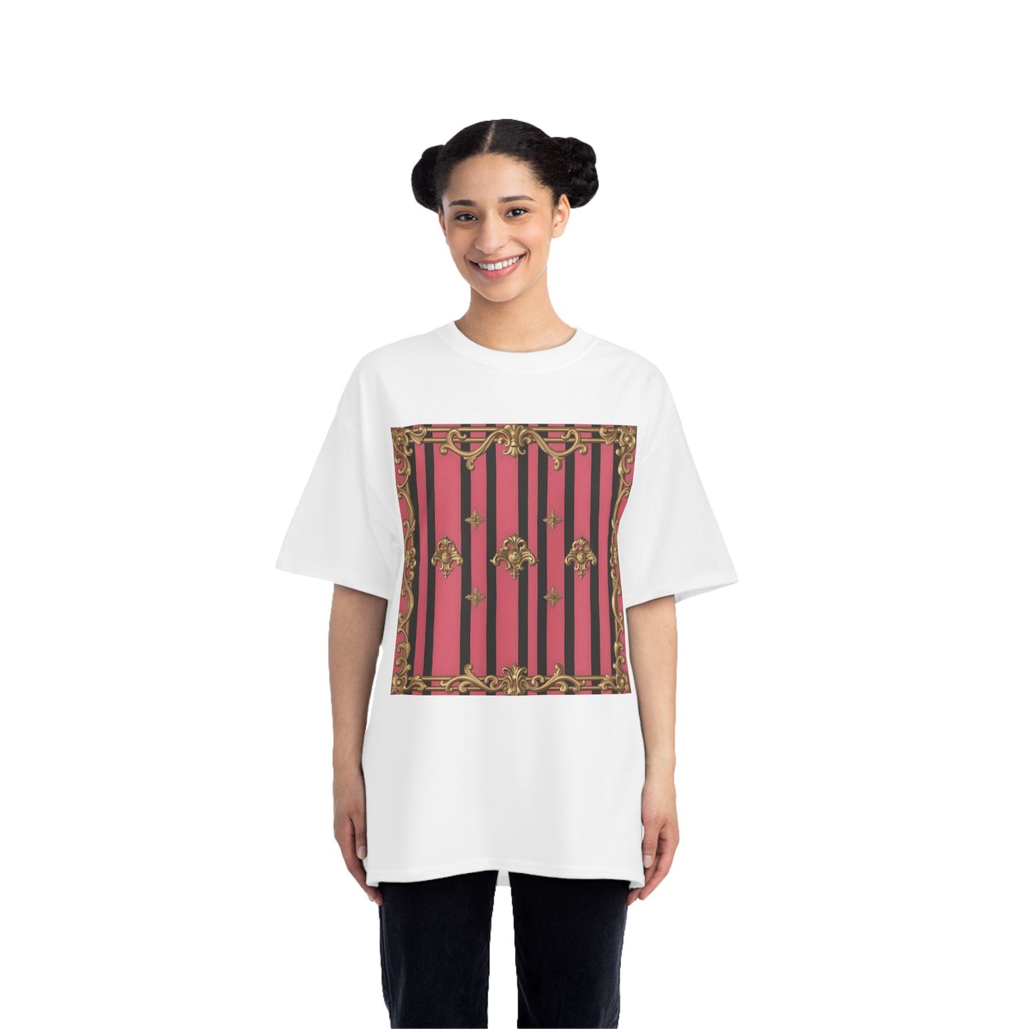 Elegant Baroque Short-Sleeve T-Shirt - Artistic Fashion, Graphics Tee, Unique Gift, Stylish Apparel, Casual Wear - Pink Striped Gold Rococo