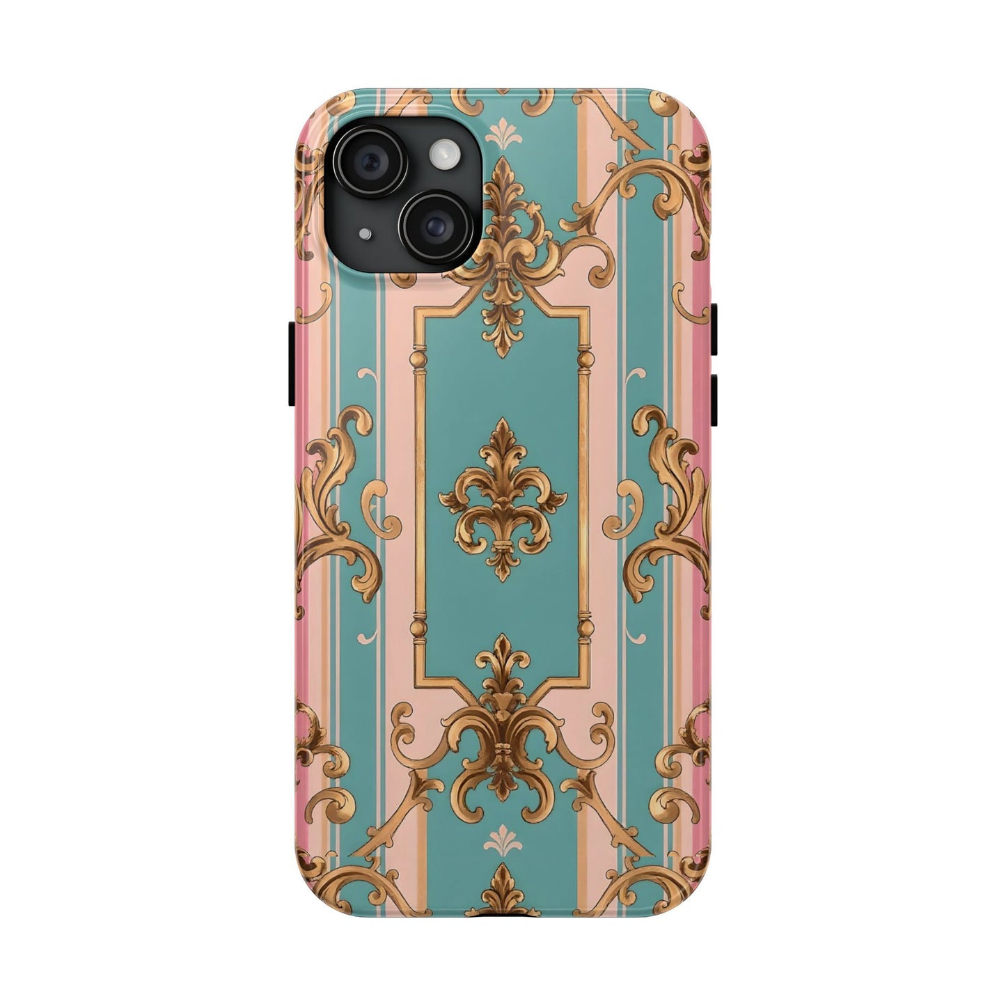 Elegant Floral Tough Phone Case, Artistic Phone Cover, Gift for Her, Chic Phone Accessory - Pink & Matte Turquoise Striped Rococo