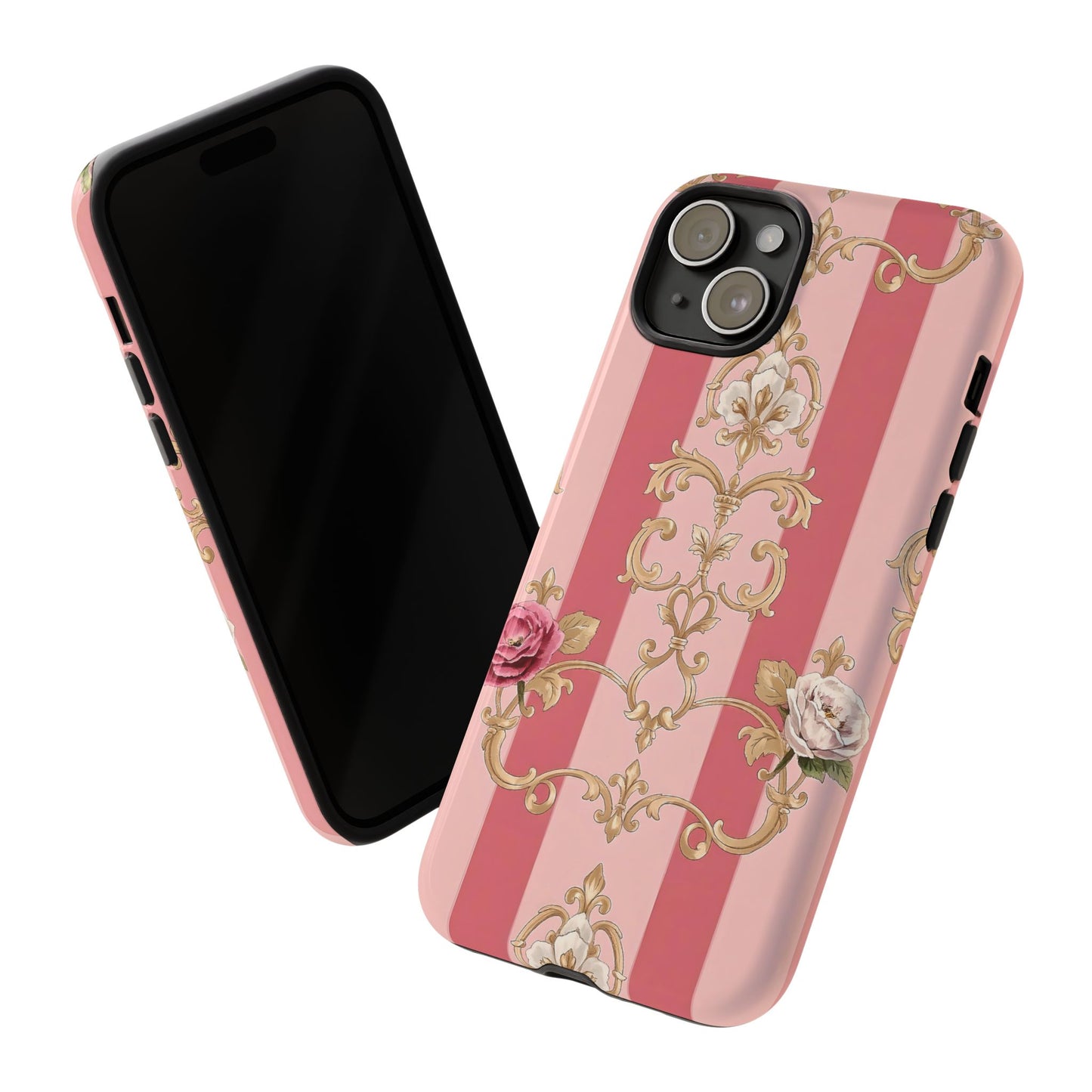 Elegant Floral Motif Phone Case - Tough Cases with Vintage Design - Pink Striped Roses & Damask