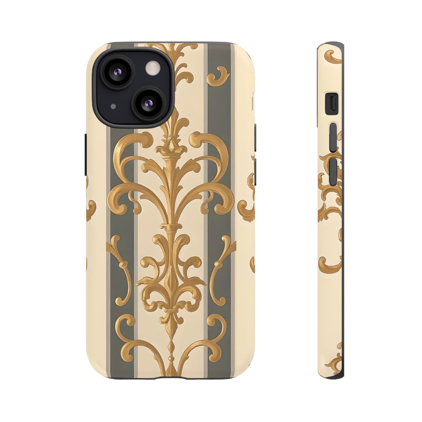Elegant Floral Motif Phone Case - Tough Cases with Vintage Design - Dusk Olive Striped Gold Damask