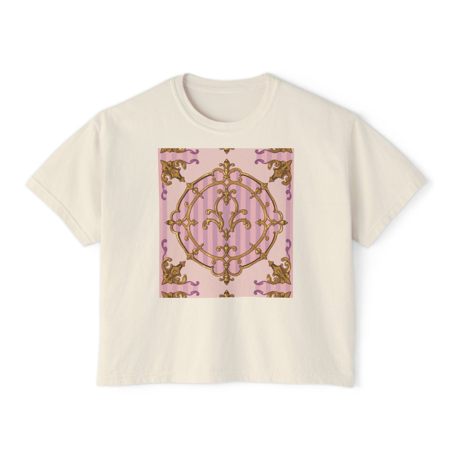 Chic Women's Boxy Tee with Elegant Lavender & Alabaster Striped Gold Baroque Design, Casual Top, Birthday Gift, Stylish Tee, Everyday Wear