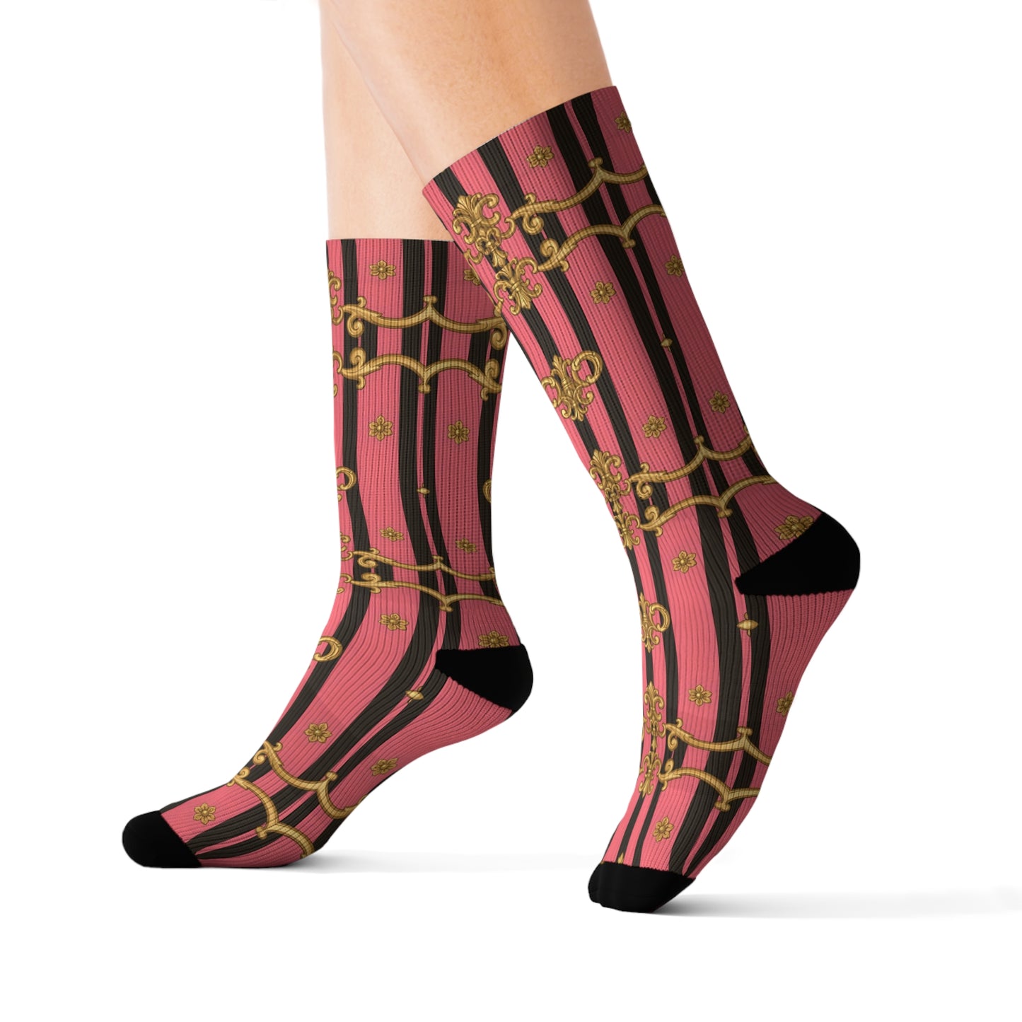 Chic Patterned Sublimation Socks, Fashion Socks, Unique Gift for Her, Trendy Accessories, Cozy Casual Wear - Pink & Black Striped Gold Baroque