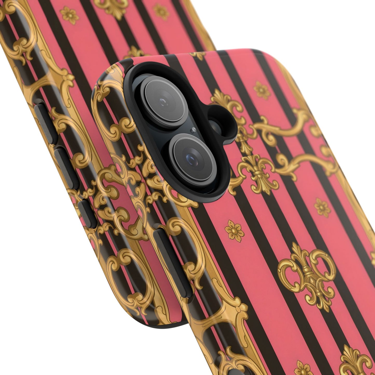 Elegant Baroque Tough Phone Cases, Stylish Protection, Gift for Her, Trendy Accessory - Pink & Black Striped Gold Baroque