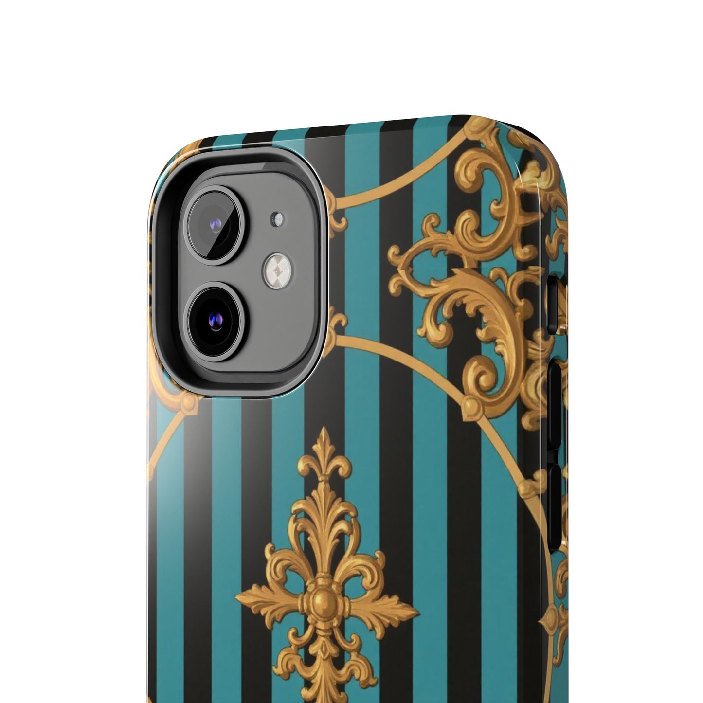 Elegant Turquoise & Black Striped Gold Baroque Phone Case, Tough Phone Cases for Fashion Lovers, Gift for Her, Luxury Accessories