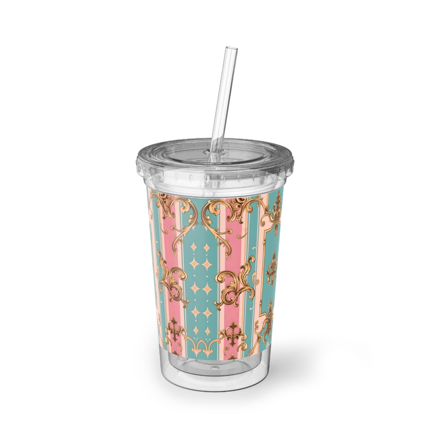 Chic Acrylic Cup, Stylish Drink Tumbler, Elegant Travel Mug, Unique Gift for Her, Floral Party Cup - Pink & Matte Turquoise Striped Rococo