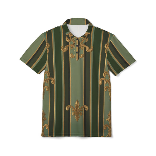 Elegant Green Striped Unisex Polo Shirt, Casual Wear, Summer Fashion, Gift for Him or Her, Party Attire - Green Striped Gold Baroque