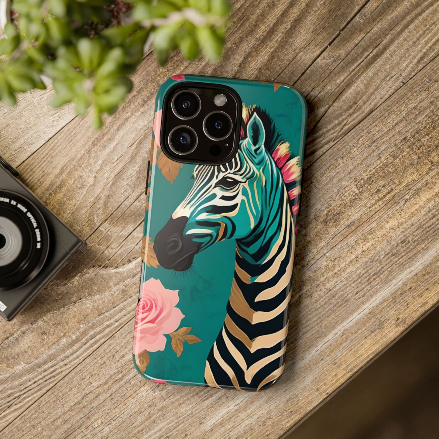 Phone Case - Elegant Teal & Gold Zebra & Roses Design