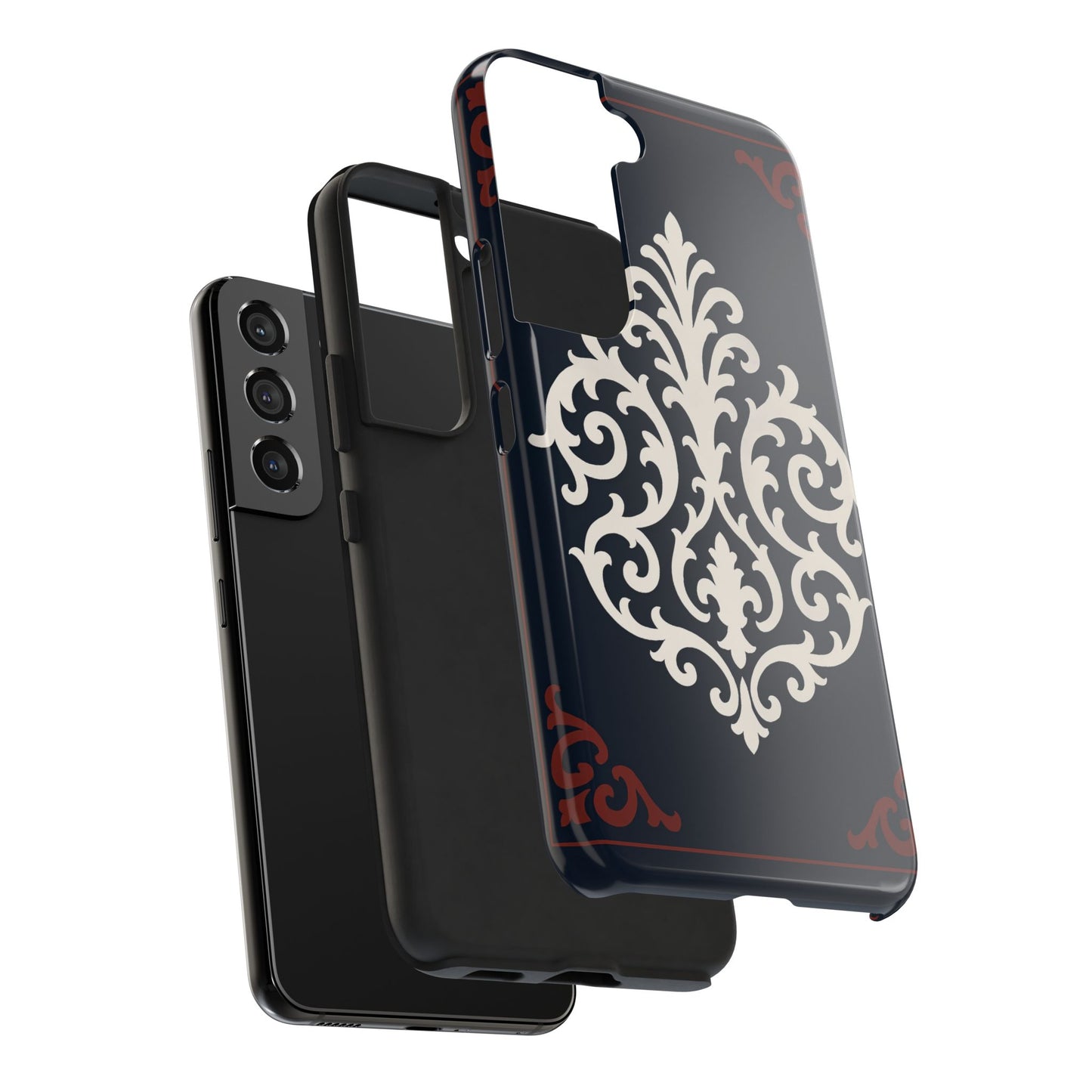 Dusk Blue-Maroon & White Baroque Tough Phone Case — Vintage Scroll Design
