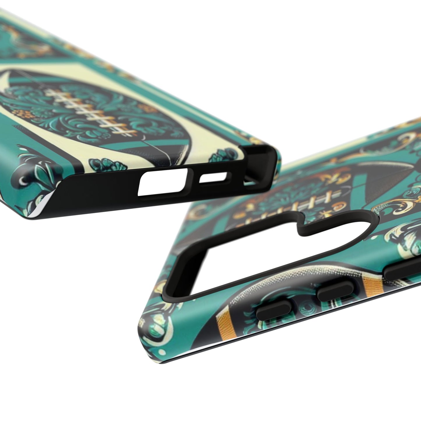 Elegant Floral Motif Phone Case - Tough Cases with Vintage Design -  Damask Teal, Gold & Black Footballs