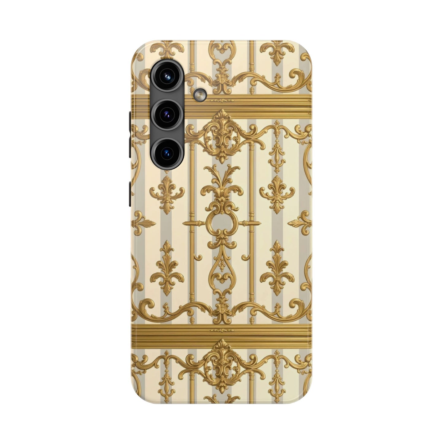 Elegant Gold Pattern Tough Phone Cases | Stylish Phone Covers, Trendy Cell Phone Accessories - Matte Gray & Cream Striped Gold Baroque