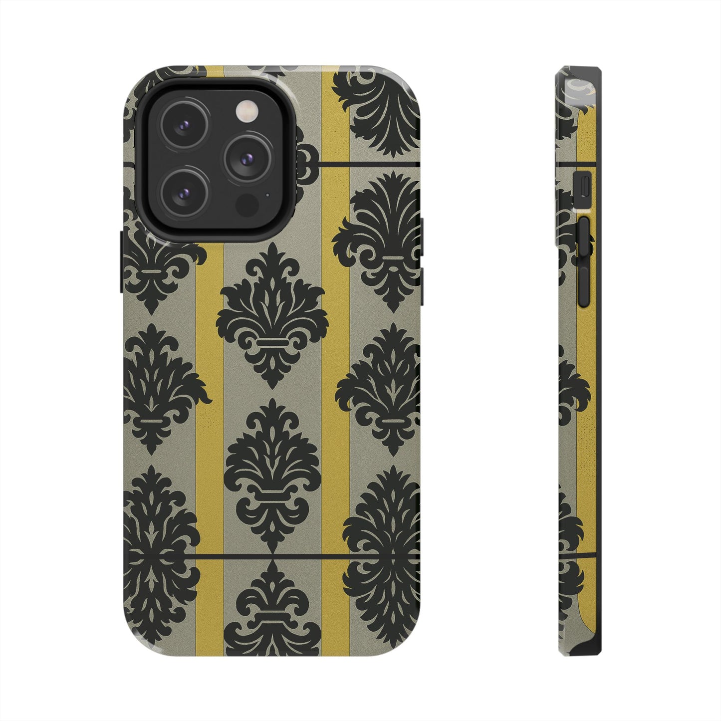 Elegant Baroque Tough Phone Cases | Chic Phone Protection | Gift for Her | Stylish Accessory | Holiday Gift Idea | Silver & Gold Striped Black Baroque