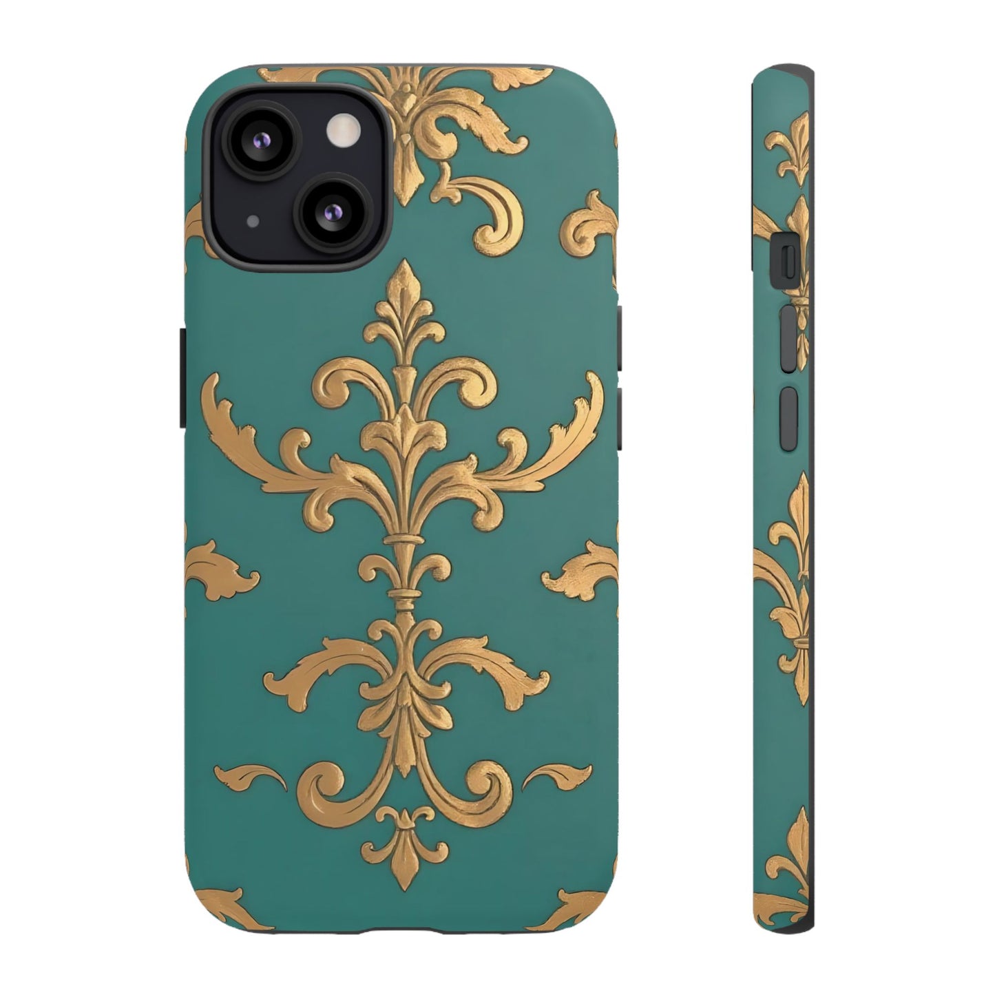 Elegant Floral Motif Phone Case - Tough Cases with Vintage Design - Aqua & Gold Damask
