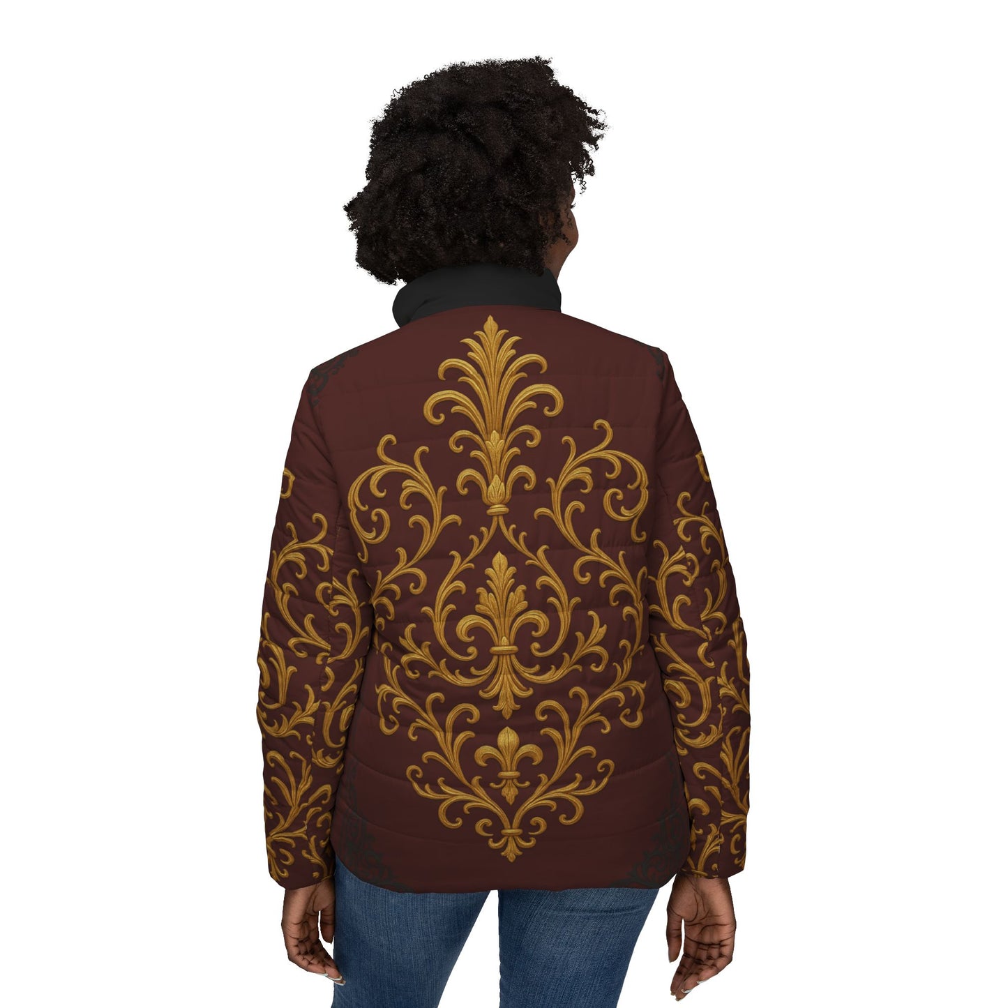 Dusk Burgundy-Black & Gold Baroque Women's Puffer Jacket – Elegant Gold Baroque Print