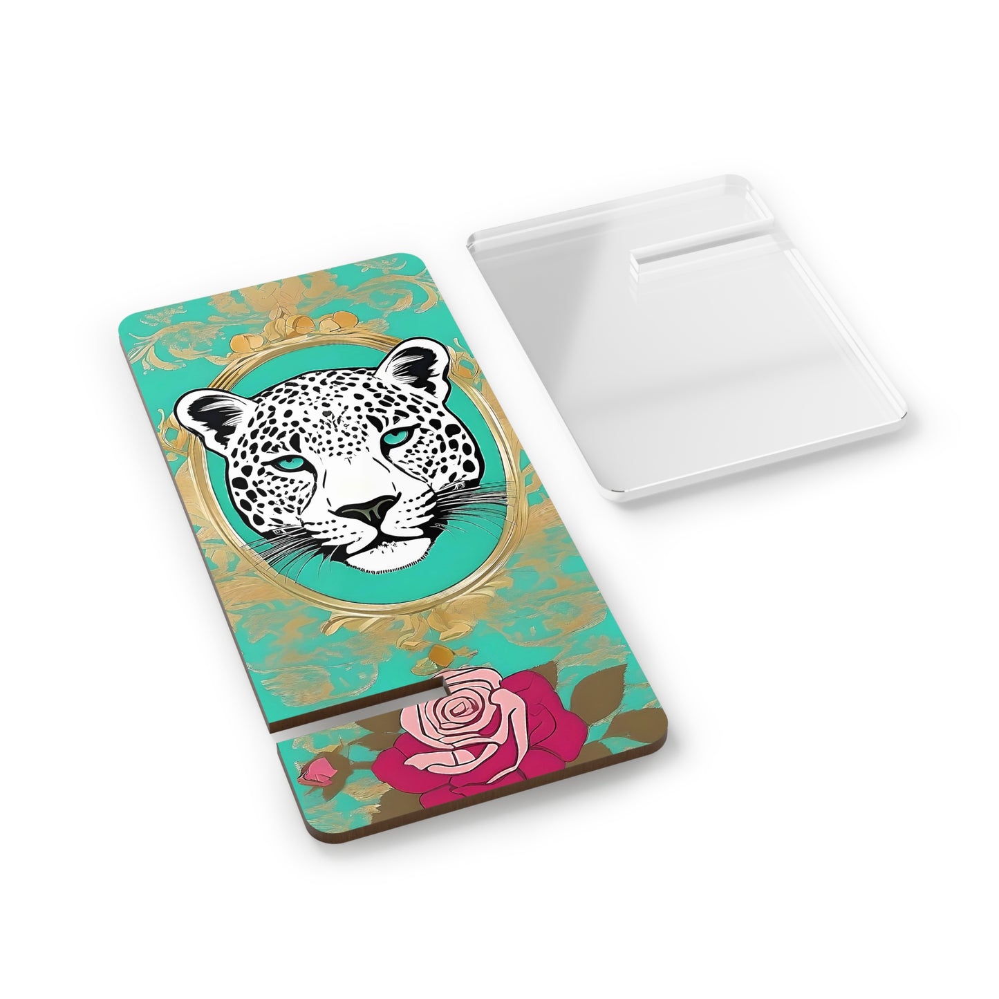Elegant Floral Smartphone Display Stand - Leopard & Rose - Decorative Mobile Holder