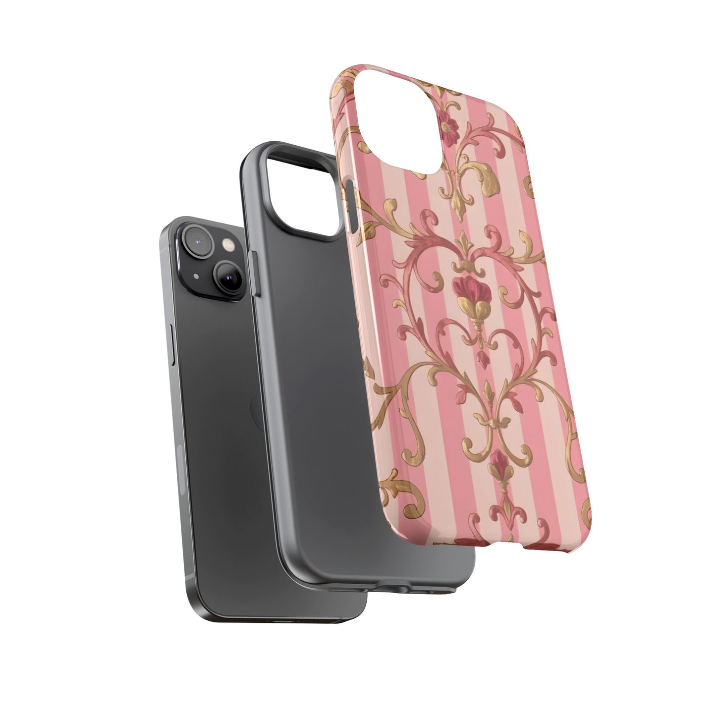 Elegant Floral Motif Phone Case - Tough Cases with Vintage Design - Pink Striped Rose Gold Damask