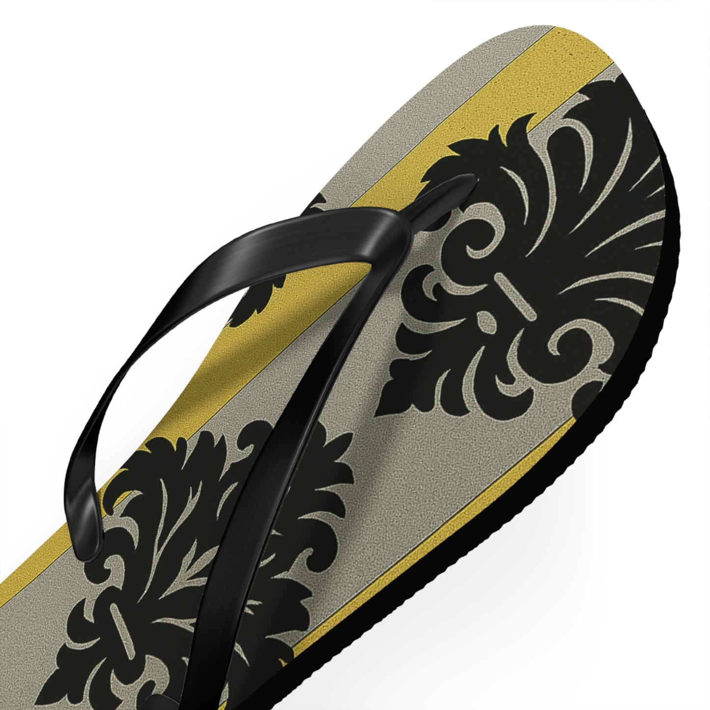 Stylish Flip Flops - Summer Sandals for Beach, Vacation, and Casual Wear - Silver & Gold Striped Black Baroque