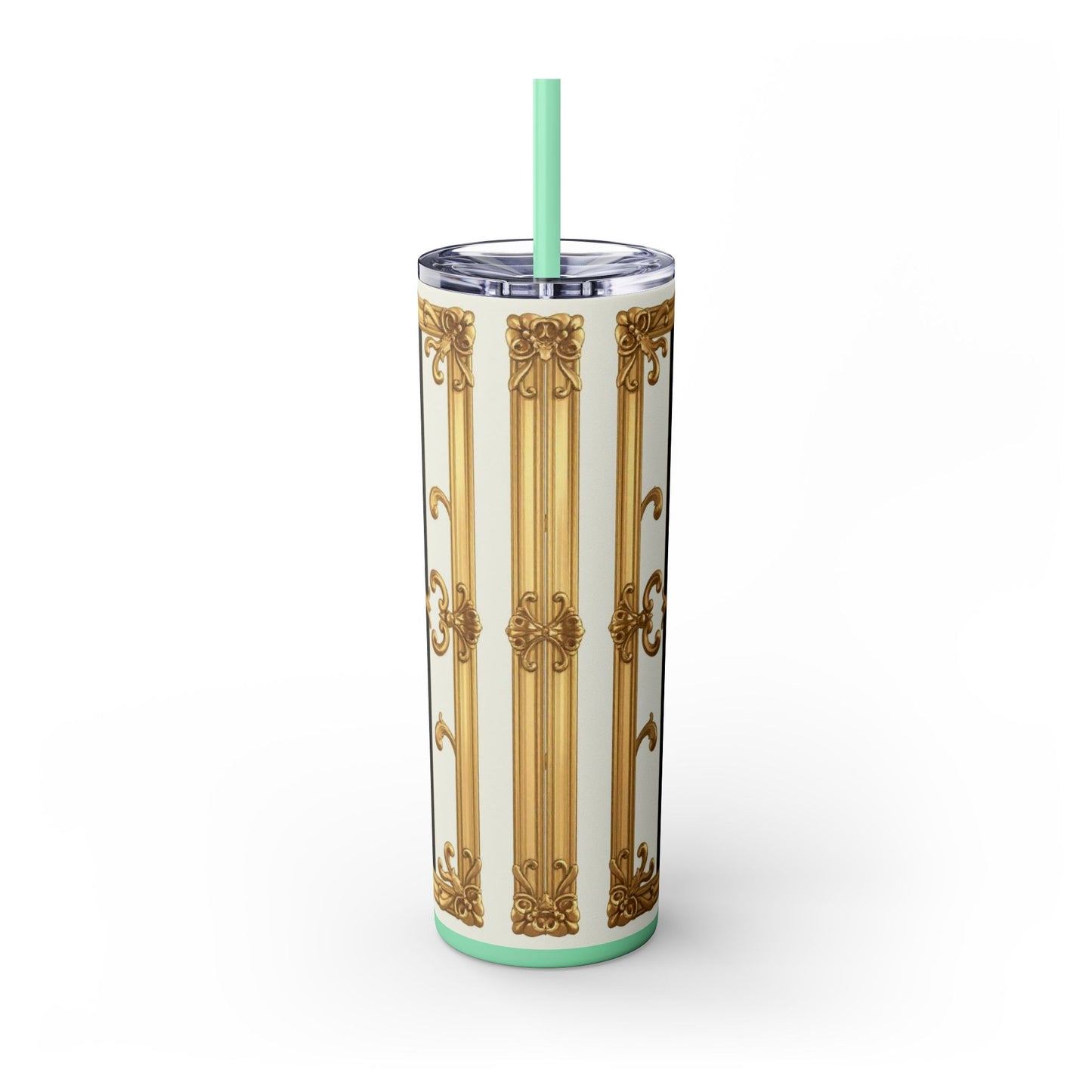Elegant Gold Accents Skinny Tumbler, 20oz - Stylish Drinkware for Weddings, Parties, Gifts, or Everyday Use - Black & White Striped Gold Baroque