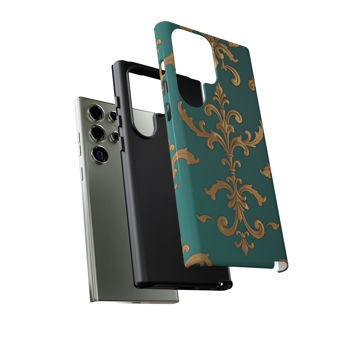 Elegant Floral Motif Phone Case - Tough Cases with Vintage Design - Aqua & Gold Damask