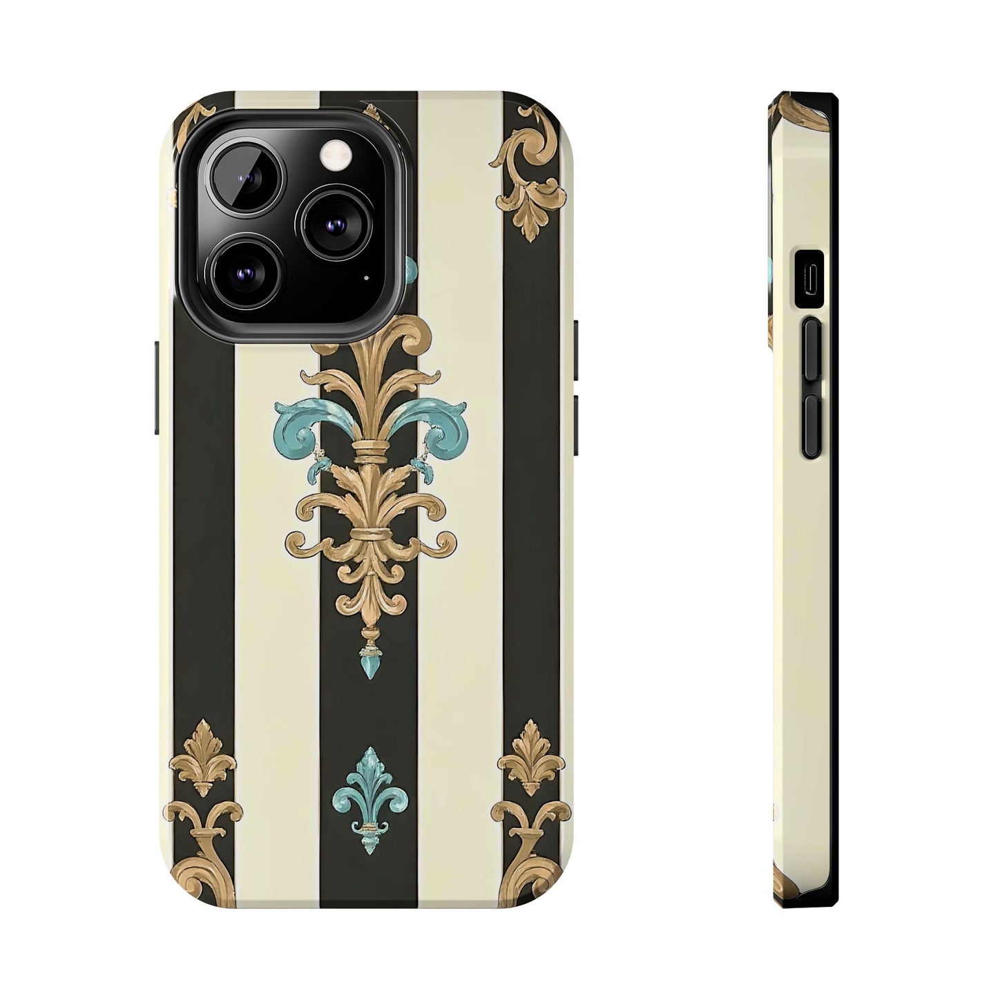 Elegant Vintage Tough Phone Cases, Stylish Phone Accessories, Quality Protection, Gifts for Her - Black Striped Turquoise & Black Rococo