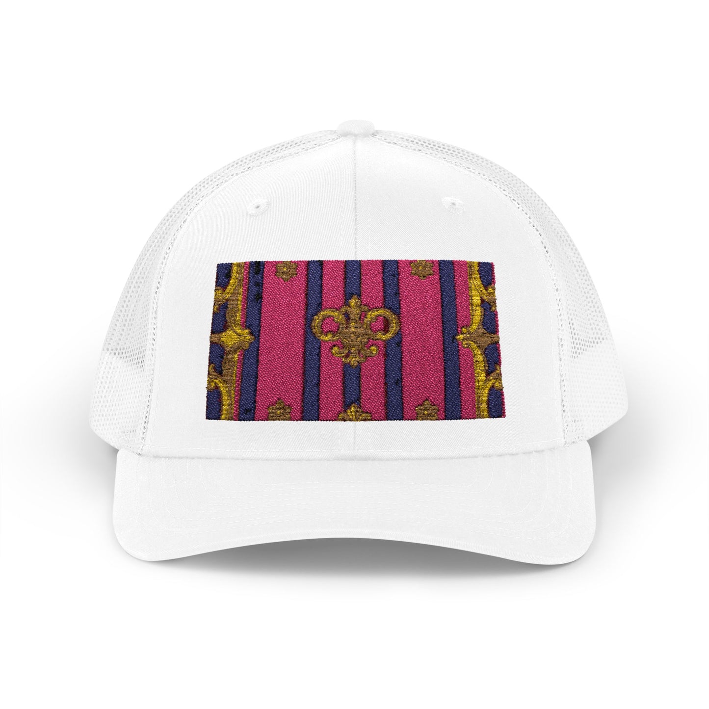 Vibrant Snapback Trucker Cap, Stylish Outdoor Hat, Trendy Fashion Accessory, Gift for Him or Her - Pink Striped Gold Baroque