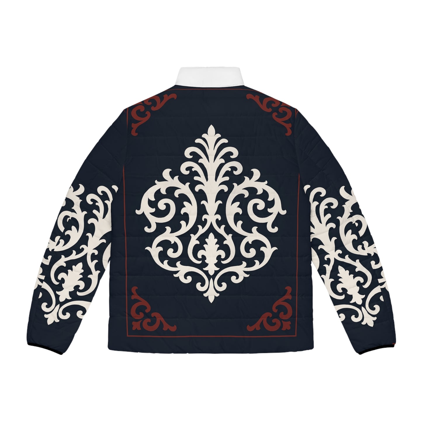 Dusk Blue & Maroon-White Baroque Men's Puffer Jacket — Baroque Pattern Quilted Coat