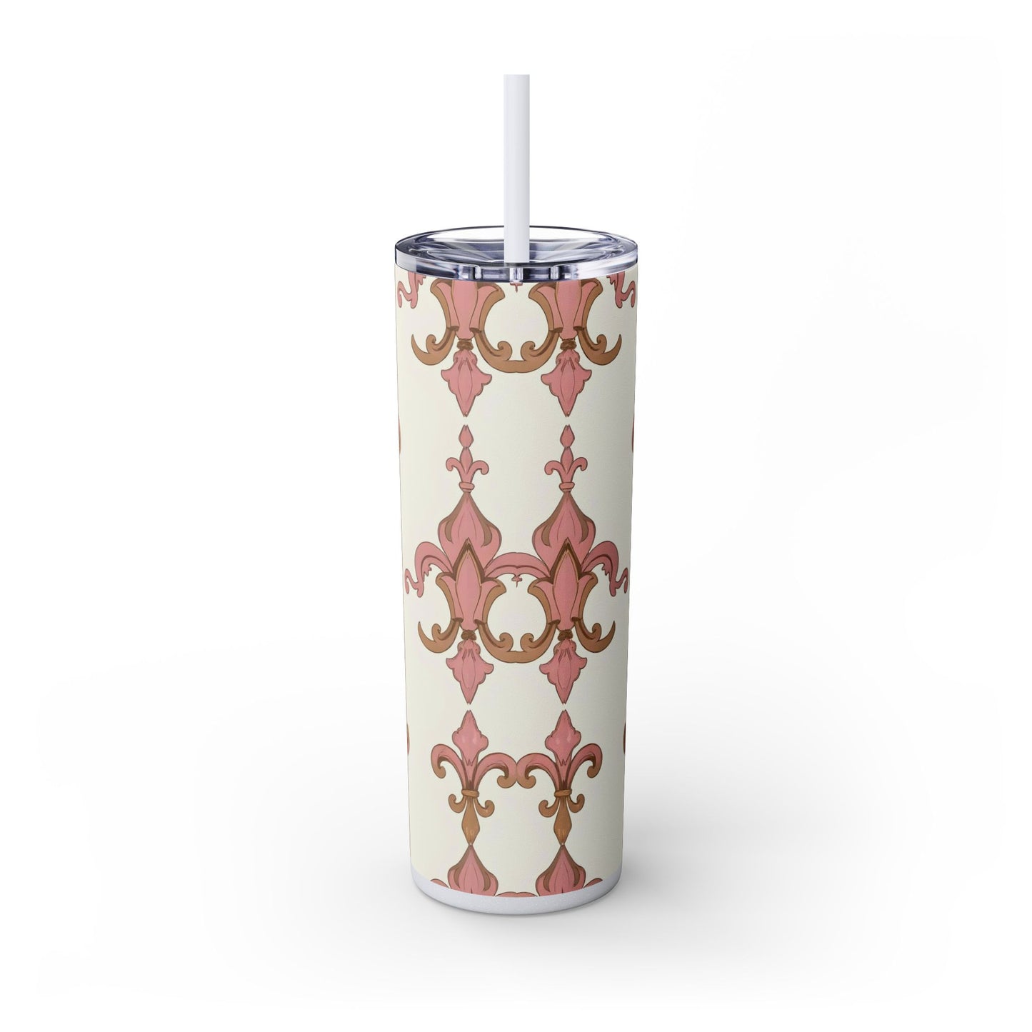 Elegant Floral Skinny Tumbler, 20oz Drinkware, Stylish Travel Mug, Wedding Gift, Personalized Gift, Eco-Friendly Cup - Brown Striped Pink Arabesque