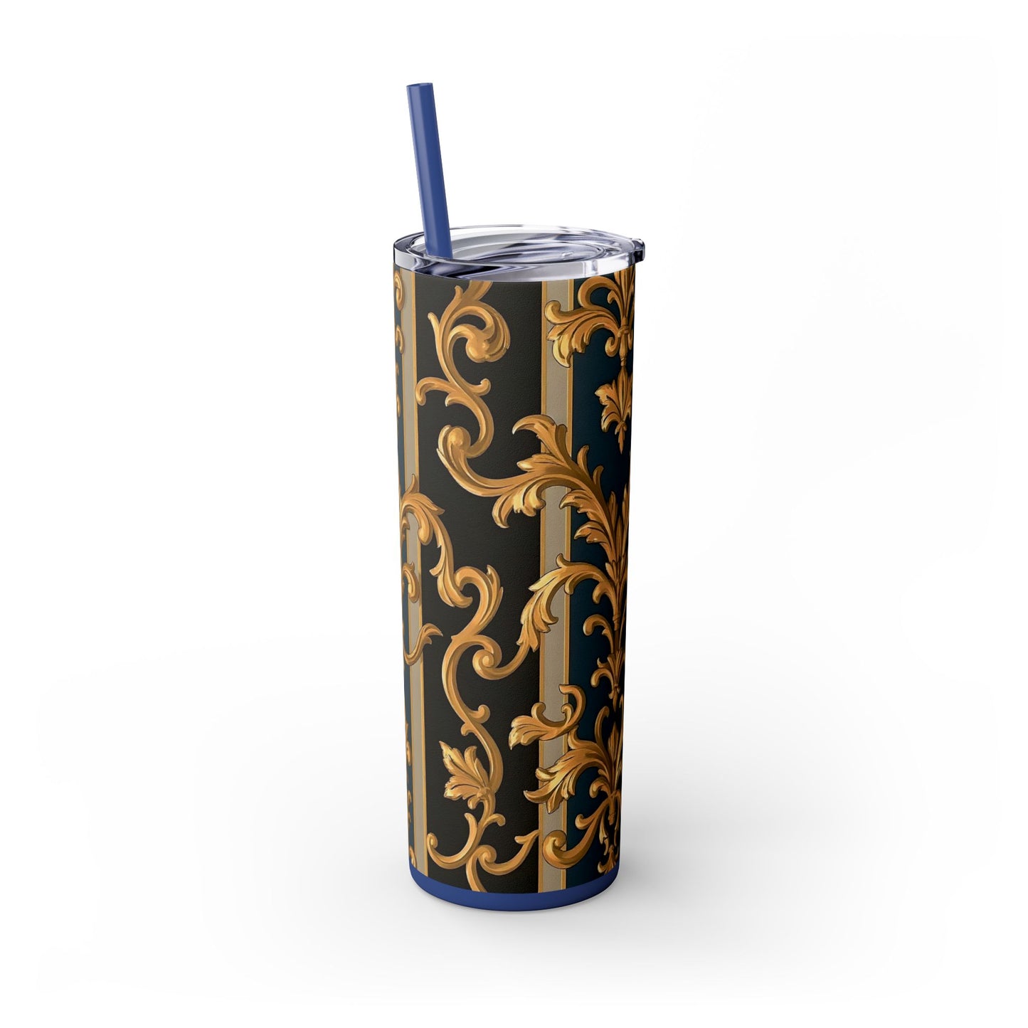 Elegant Gold Floral Skinny Tumbler with Straw, 20oz - Stylish Travel Cup, Gift Idea for Birthdays - Blue & Black Striped Rococo