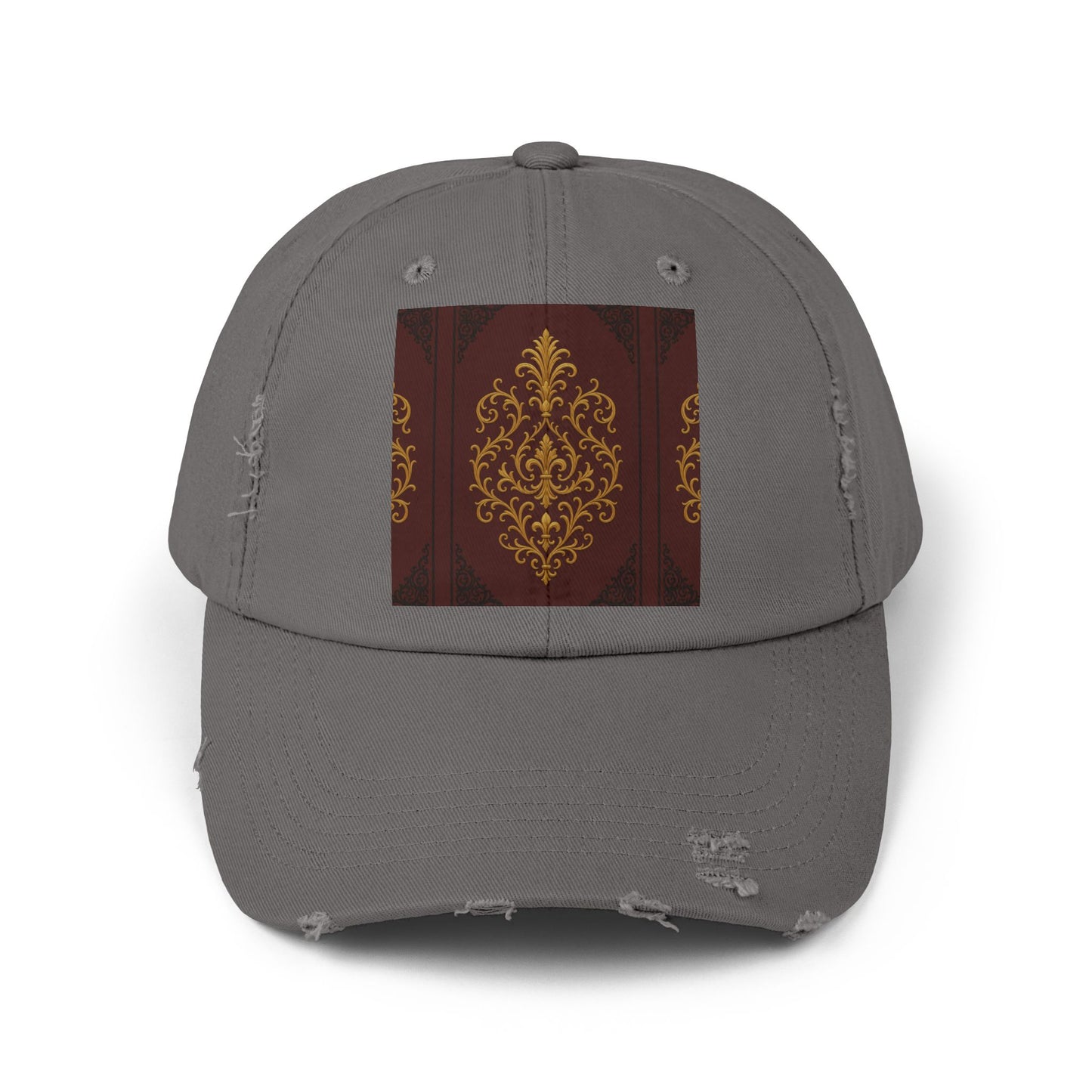Dusk Burgundy-Black & Gold Baroque Distressed Black Cap with Vintage Gold Baroque Panel – Elegant Retro Baseball Hat