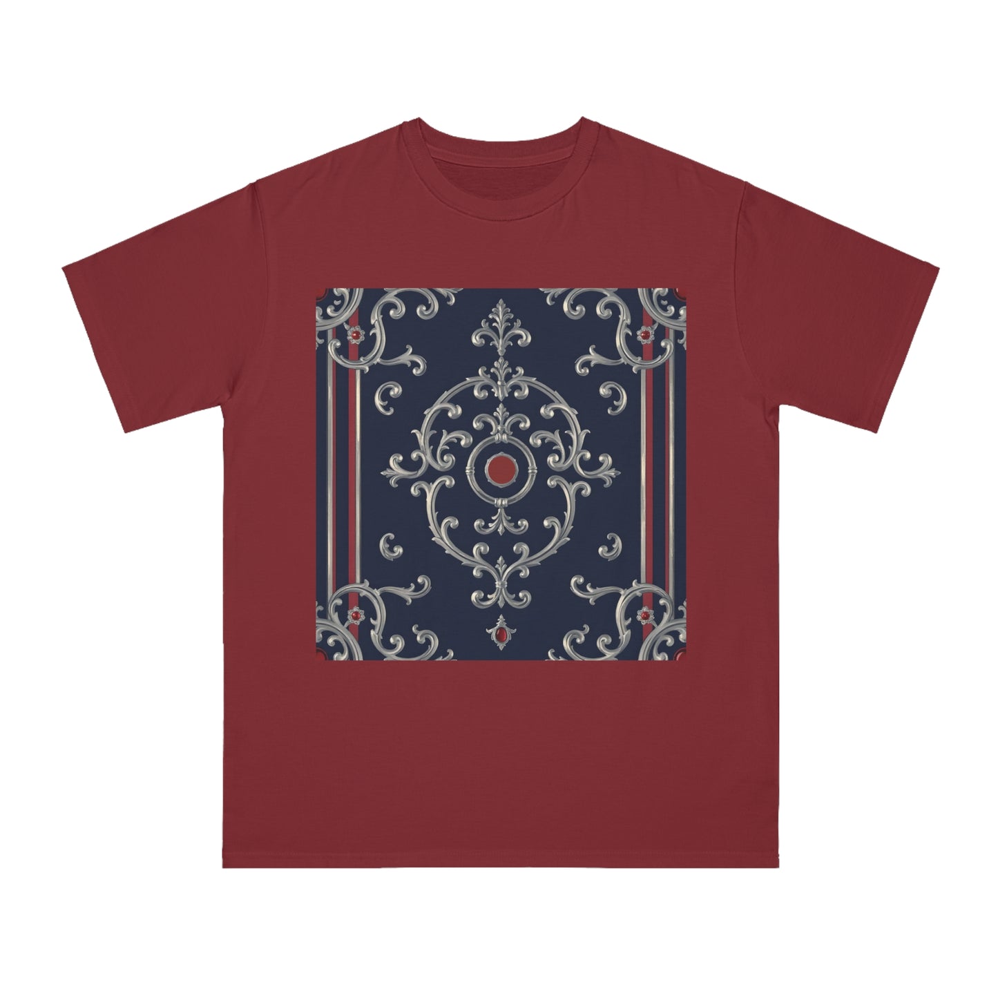 Vintage Pattern Organic Unisex T-Shirt | Baroque Style Tee, Casual Wear, Unique Gift, Eco-Friendly Fashion - Blue & Red Striped Silver Baroque