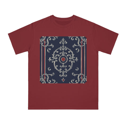 Vintage Pattern Organic Unisex T-Shirt | Baroque Style Tee, Casual Wear, Unique Gift, Eco-Friendly Fashion - Blue & Red Striped Silver Baroque