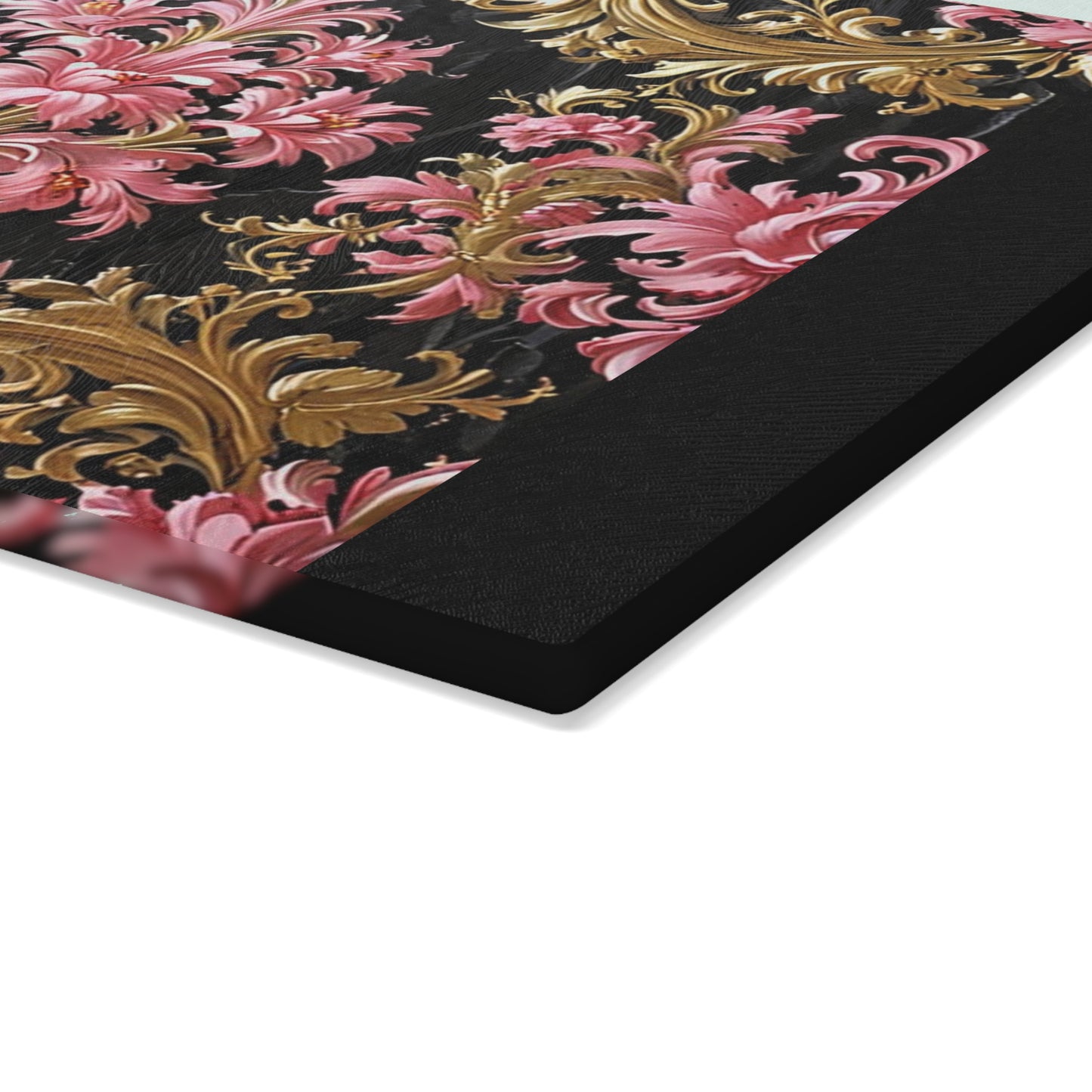 Elegant Floral Glass Cutting Board, Kitchen Decor, Decorative Cutting Board, Gift for Cooks, Wedding Gift - Black & Pink Oil Painting Style Rococo