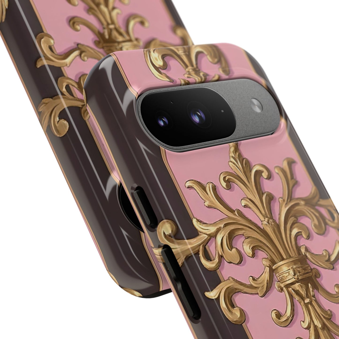 Elegant Floral Motif Phone Case - Tough Cases with Vintage Design - Pink & Brown Striped Gold Damask