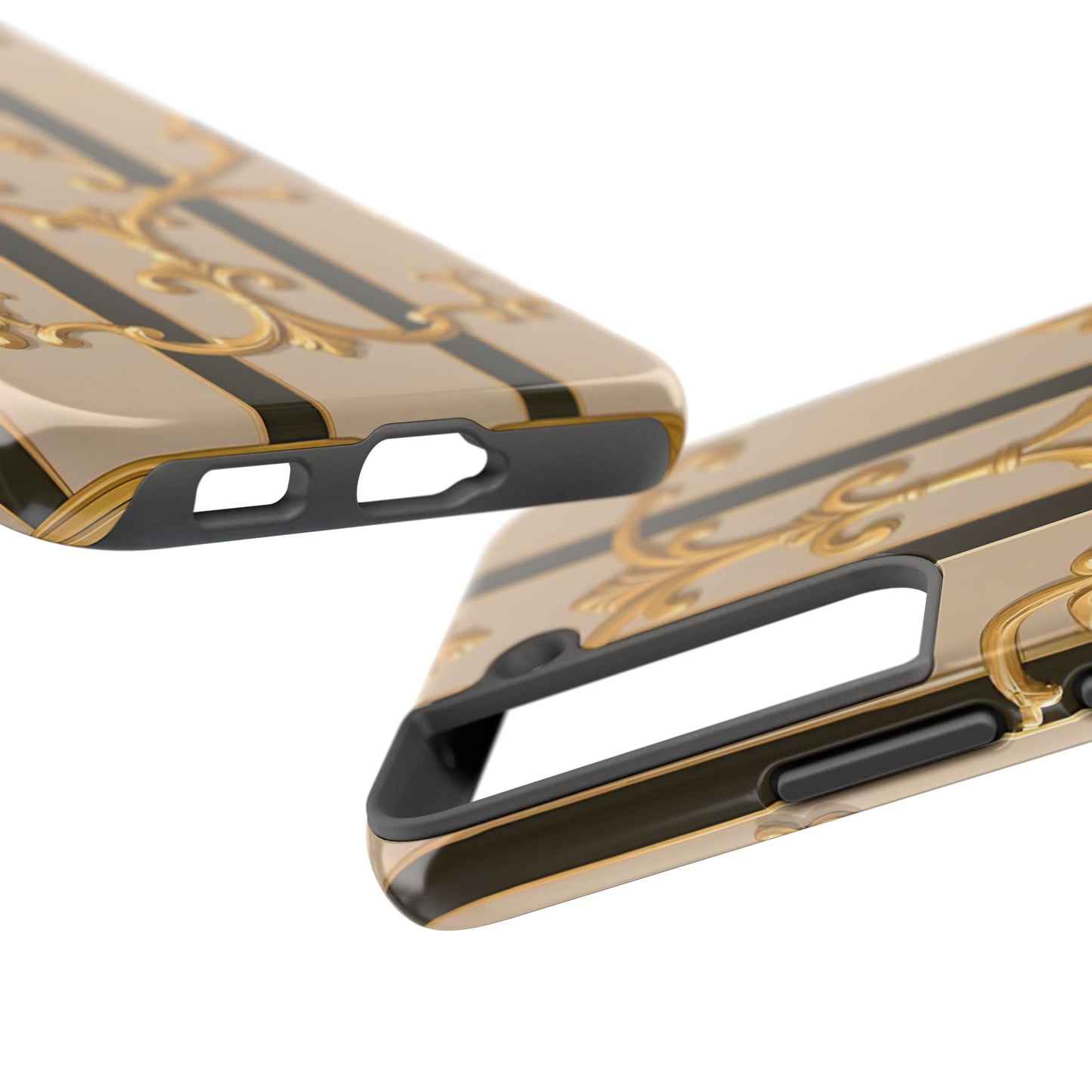 Elegant Vintage Tough Phone Case, Stylish Phone Cover, Boho Accessories, Perfect Gift for Her - Beige Striped Gold Rococo